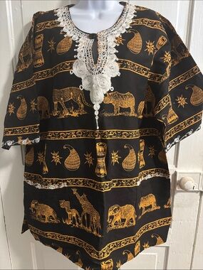 Black and Gold African Dashiki Shirt Animal Prints Size XXL